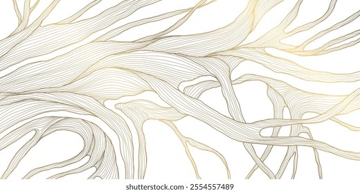 Vector golden line tree branches, organic floral luxury background. Modern forest premium illustration, wallpaper 