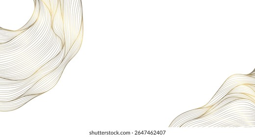 Vector golden line wave frame, curve premium art background. Luxury ocean banner, could backdrop, modern texture. Elegant glitter organic elements