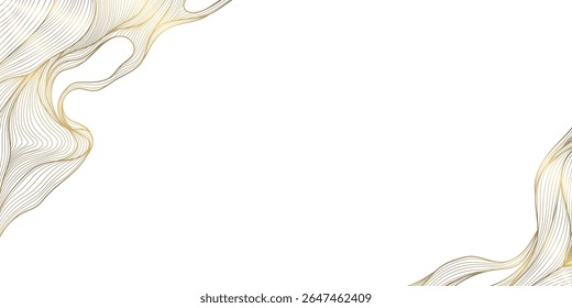 Vector golden line wave frame, curve premium art background. Luxury ocean banner, could backdrop, modern texture. Elegant glitter organic elements