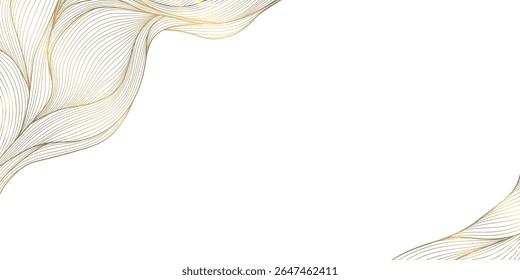Vector golden line wave frame, curve premium art background. Luxury ocean banner, could backdrop, modern texture. Elegant glitter organic elements