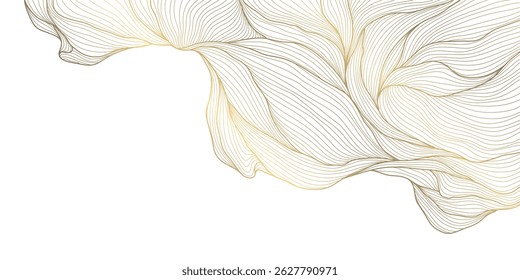 Vector golden line wave on white background. Abstract premium luxury elegant illustration, wavy Japanese ornament, flow water, ocean, organic shape pattern. 