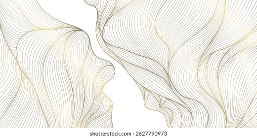 Vector golden line wave on white background. Abstract premium luxury elegant illustration, wavy Japanese ornament, flow water, ocean, organic shape pattern. 