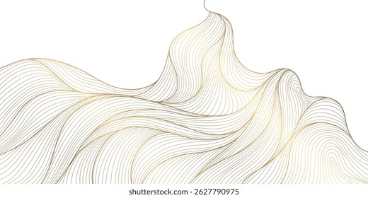 Vector golden line wave on white background. Abstract premium luxury elegant illustration, wavy Japanese ornament, flow water, ocean, organic shape pattern. 
