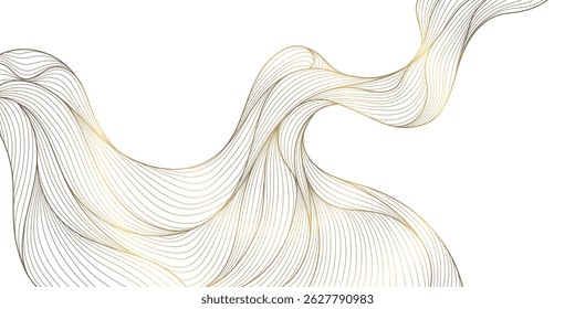 Vector golden line wave on white background. Abstract premium luxury elegant illustration, wavy Japanese ornament, flow water, ocean, organic shape pattern. 