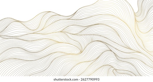 Onda de linha dourada vetorial sobre fundo branco. Ilustração elegante de luxo premium abstrato, ornamento ondulado japonês, água de fluxo, oceano, padrão de forma orgânica. 