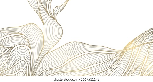 Onda de línea dorada de Vector sobre fondo blanco, Anuncio premium de curva de lujo abstracto, forma de flujo. Mar, océano, ilustración elegante del estilo japonés
