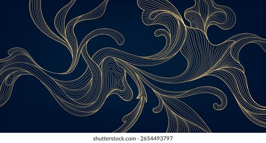 Vektor goldene Linie Wellen, Luxus Kunst Blätter, organische Formen Design. Kurve geometrischen Hintergrund, dunkle Premium abstrakte Ornament, Vintage dynamische Textur