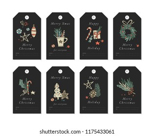 Vector golden linear design Christmas greetings elements on white background. Christmas tags set with typography and colorful icon