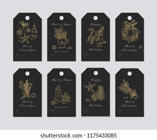 Vector golden linear design Christmas greetings elements on white background. Christmas tags set with typography and gold icon