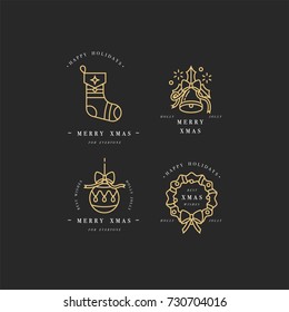 Vector golden linear design Christmas greetings elements on white background. Typography ang icon for Xmas cards, banners or posters and other printables. Winter holidays design elements