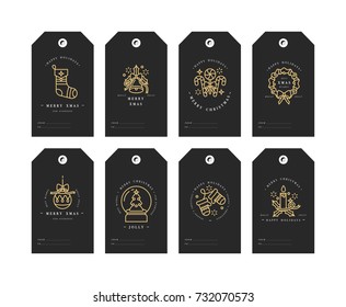 Vector golden linear design Christmas greetings elements on white background. Christmas tags set with typography and gold icon