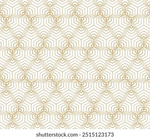 Vector golden linear geometric seamless pattern with quirky lines, stripes, hexagons, tiles, grid. Gold and white abstract background. Stylish luxury modern minimal texture. Repeating geo design