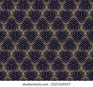 Vector golden linear geometric seamless pattern with quirky lines, stripes, hexagons, tiles, grid. Black and gold abstract background. Stylish luxury modern minimal texture. Repeatable geo design