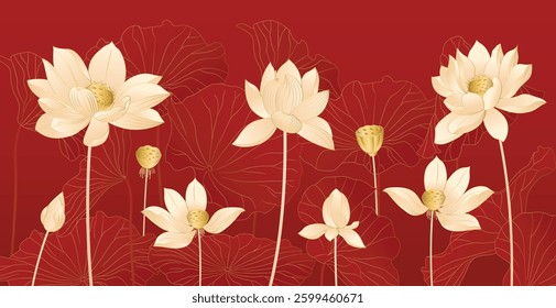 Vector golden linear lotus flower abstract background