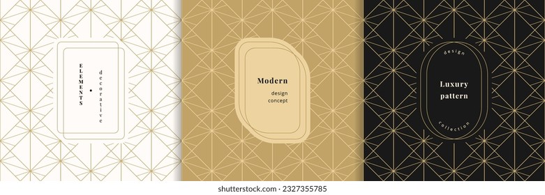 Vector golden linear patterns set with modern labels. Luxury minimal seamless ornaments, grid texture, diamond lattice, net, mesh. Gold abstract minimalist backgrounds. Art deco style. Premium design