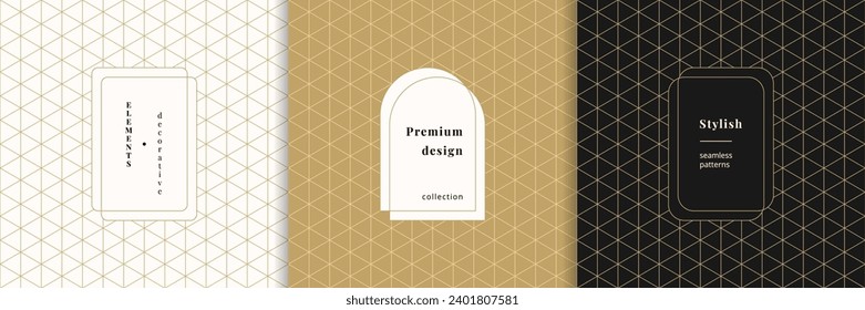 Vector golden linear patterns set with modern labels. Luxury minimal seamless ornaments, triangular grid, texture, hexagonal lattice, net, mesh. Gold abstract minimalist backgrounds. Premium design