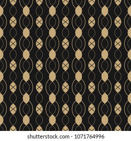 Vector golden linear seamless pattern with chains, wavy shapes, ovals, thin curved lines, ropes. Stylish black and gold abstract background. Luxury ornamental texture. Repeat design for decor, covers