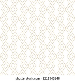Vector golden linear texture. Geometric seamless pattern with diamond shapes, rhombuses, thin lines. Abstract white and gold graphic ornament. Modern minimalist background. Trendy luxury repeat design