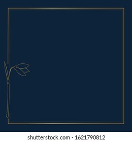 Vector of golden lines frame with snowdrop on deep blue background