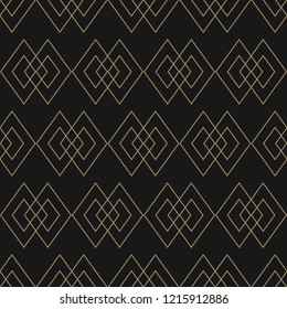 Vector golden lines pattern. Subtle geometric seamless texture with grid, rhombuses, diamonds, thin linear shapes. Abstract black and gold graphic background. Art deco style ornament. Repeated design