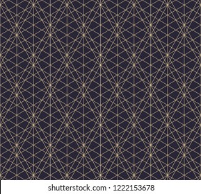 Vector golden lines texture. Abstract geometric seamless pattern with delicate grid, lattice, net, thin diagonal lines, rhombuses, triangles. Black and gold minimal background. Trendy repeat design