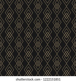 Vector de textura de líneas doradas. Patrón geométrico de lujo sin fisuras con diamantes, rombos, líneas de cruce delgadas. Abstractas adorno gráfico negro y oro. Estilo Art Deco. Fondo de repetición lineal de moda