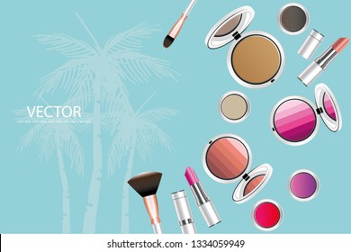 vector golden lipstick and white cosmatic product on light blue background.make up product.cosmetic product.summer concept
