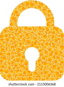 Vector golden lock mosaic icon. Lock is isolated on a white background. Golden items collage based on lock icon. Collage lock iconic image is organized from yellow items.