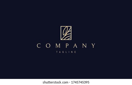 Vector golden logo of an abstract image of a hill and a leaf in a linear style in a rectangle.