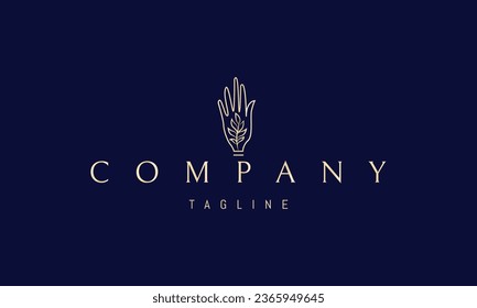A vector golden logo with an abstract image of a hand with a plant in it.