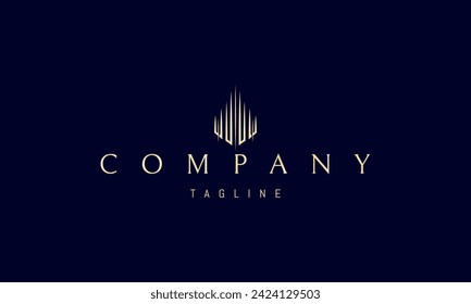Un logotipo vectorial dorado con una imagen abstracta de un rascacielos puntiagudo en un estilo lineal.