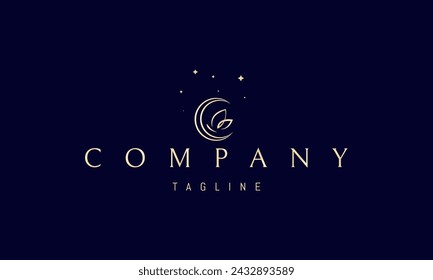 Ein goldenes Vektor-Logo mit einem abstrakten Bild eines Schmetterlings auf einem Hintergrund des Mondes und der Sterne.
