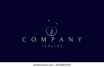 A vector golden logo with an abstract image of a flame in a semicircle against a background of stars.
