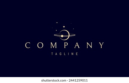 A vector golden logo with an abstract image of a cosmic landscape with a planet against a background of stars.