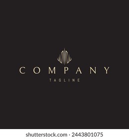 Un logotipo de oro vectorial con una imagen abstracta de columnas en perspectiva en un estilo lineal.