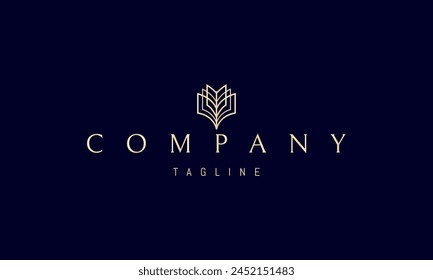 A vector golden logo with an abstract image of an open book with pages in the form of an ink pen.