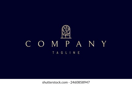 Vector golden logo with an abstract image of a tree with leaves under an arch.