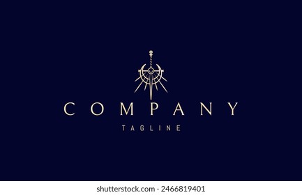 A vector golden logo with an abstract image of a shining sword against the background of the moon.