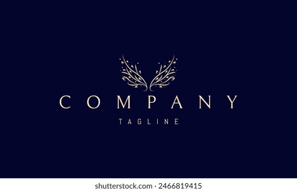 Un logotipo dorado de Vector con una Imagen abstracta de alas compuestas por ramas de árboles y hojas.