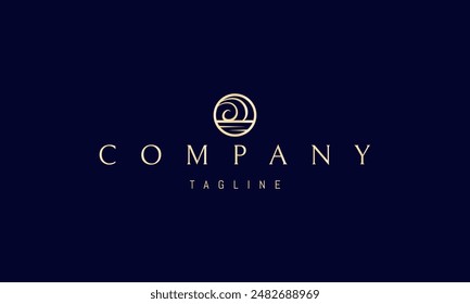 Vector golden logo with an abstract image of a wave in a circle in a linear style.
