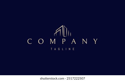 Logotipo dourado vetorial com uma imagem abstrata de uma casa moderna em um estilo linear.