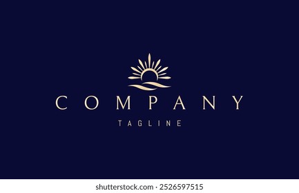 Vector golden logo with an abstract image of sea waves and a shining sun.