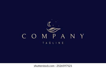 Logotipo dourado vetorial com uma imagem abstrata de folhas na forma de ondas do mar contra um fundo de estrelas e da lua.