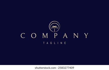 Vector golden logo with an abstract image of a palm tree against the backdrop of the sun.