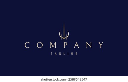 Vector golden logo with an abstract image of a sword made of rays of light against the background of the moon.