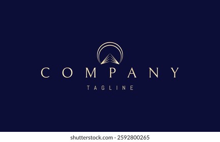 Vector golden logo with an abstract image of a mountain made of light against the background of the sun.