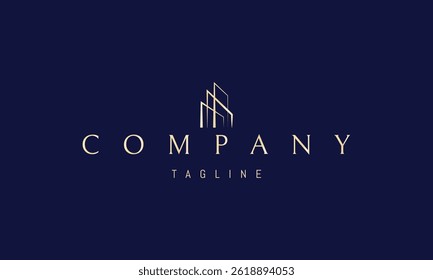Logotipo dorado de Vector con una Imagen abstracta de un edificio hecho de líneas de luz.