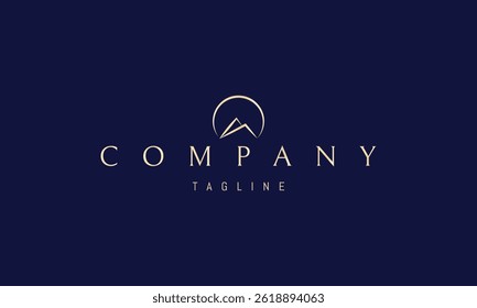 Vector golden logo with abstract image of mountains at sunrise in linear style.