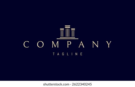 Logotipo dourado vetorial com uma imagem abstrata de três colunas num pedestal.