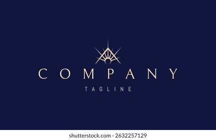 Vektor goldenes Logo mit einem abstrakten Bild einer strahlenden Sonne vor dem Hintergrund eines Berges oder Daches.